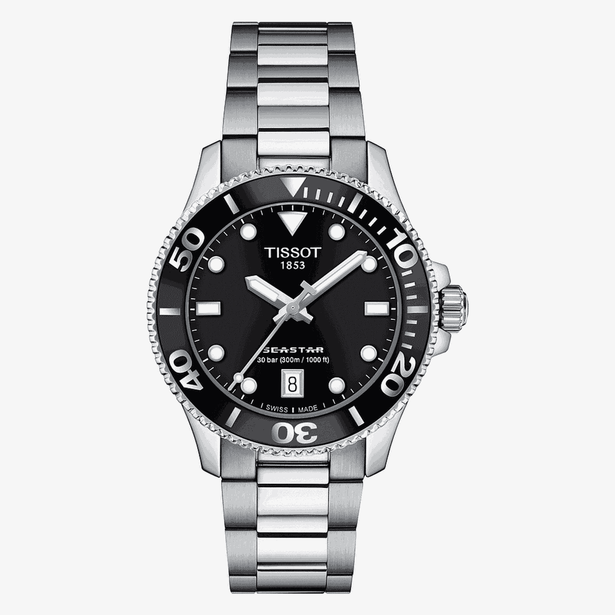 Reloj Tissot Seastar 1000 36mm con esfera negra y brazalete plateado - T1202101105100