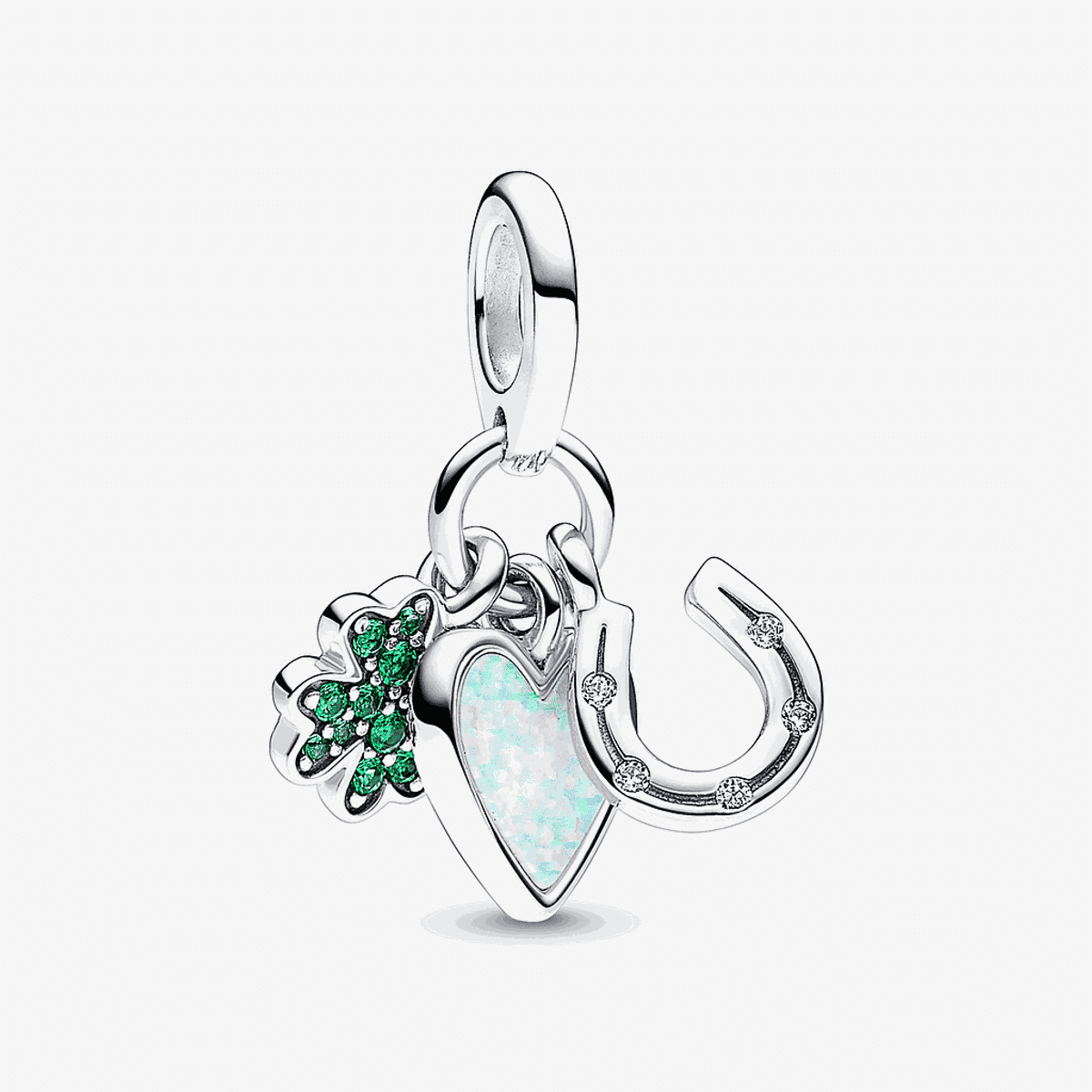 Charm colgante Pandora de plata con trébol verde, corazón opalino y herradura - 792755C01