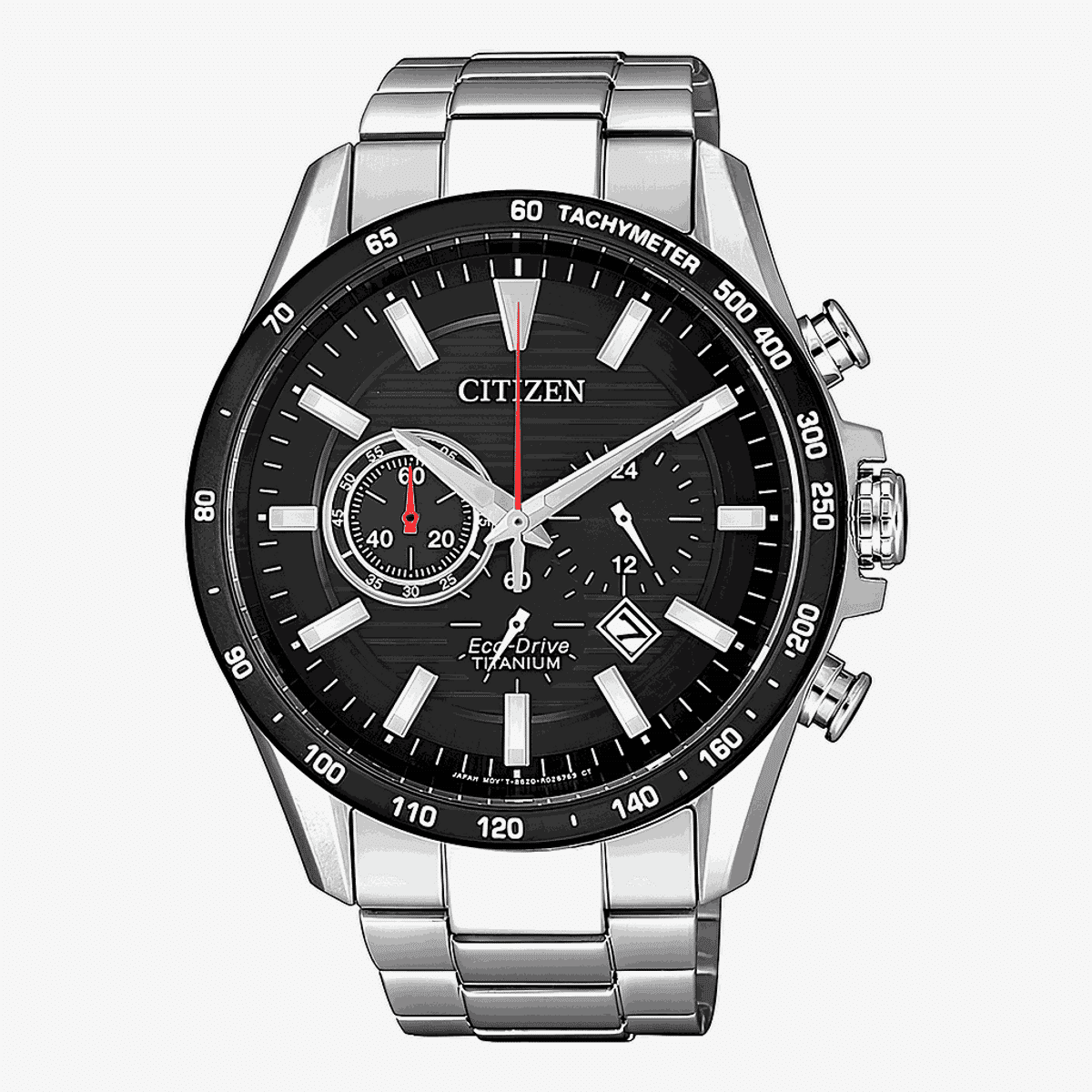 Reloj Citizen Super Titanium Crono Colour Bezel con esfera negra y brazalete de acero plateado - CA4444-82E