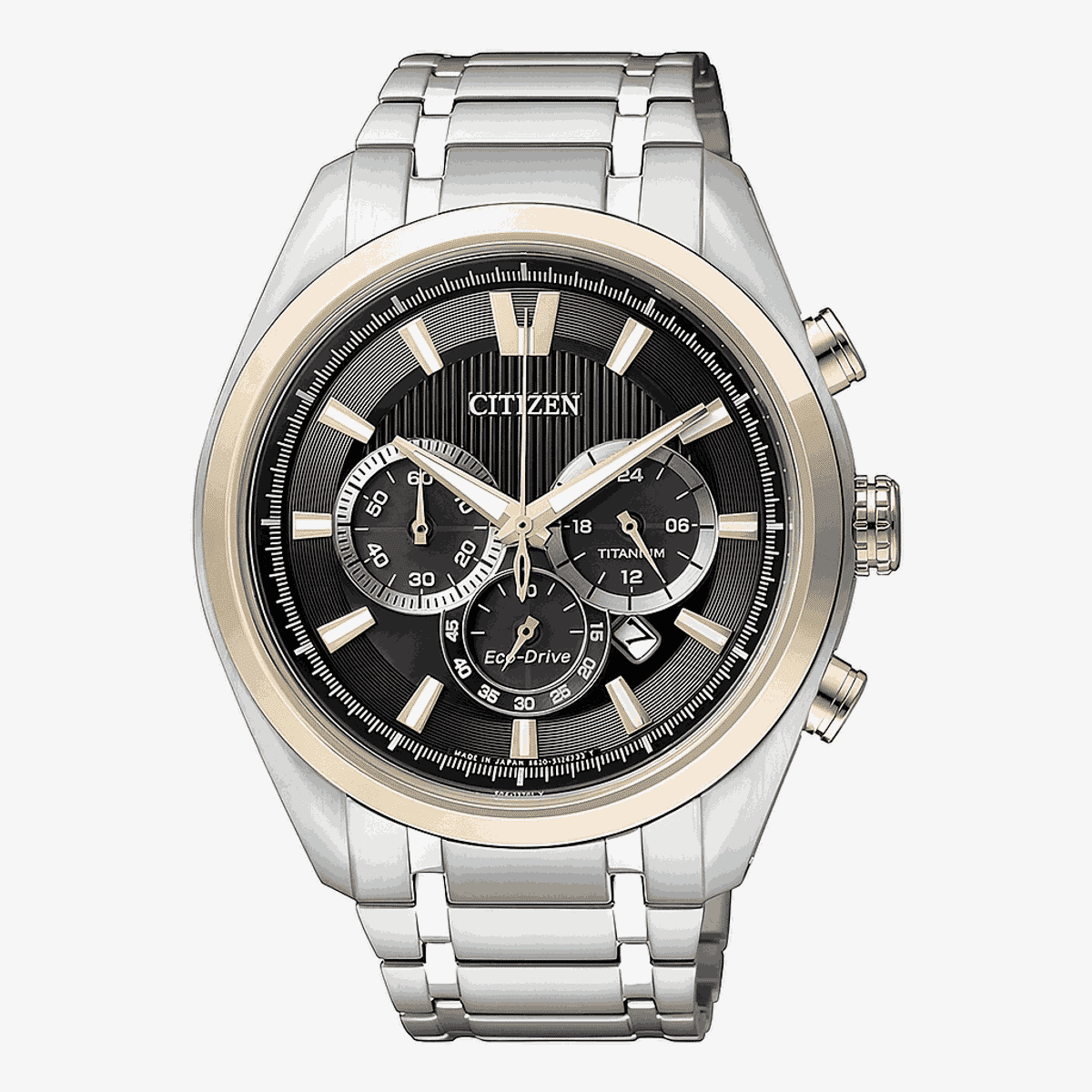 Reloj Citizen Super Titanium Crono con bisel dorado, esfera negra y brazalete de acero - CA4014-57E