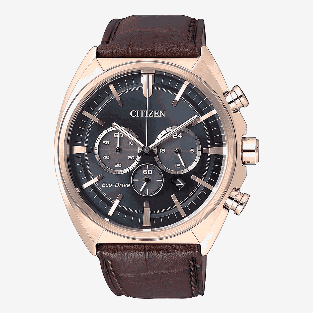 Reloj Citizen OF Collection Cronógrafo con caja dorada, esfera negra y correa de piel marrón - CA4283-04L