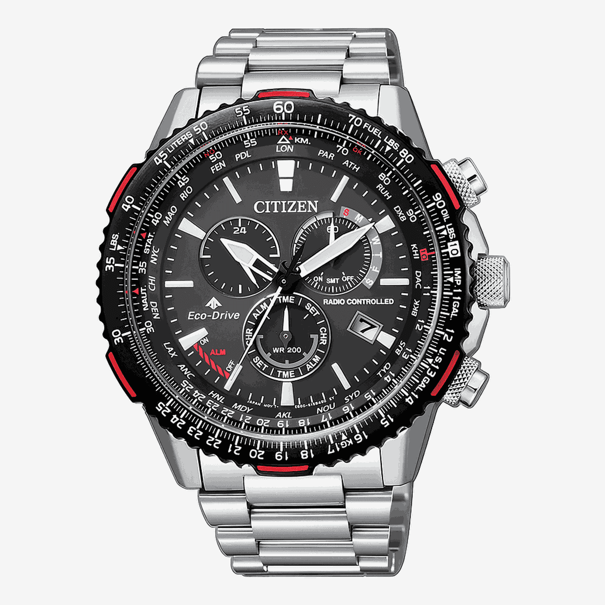 Reloj Citizen Radiocontrolado Crono Pilot Acero Esfera Negra Rojo - CB5001-57E