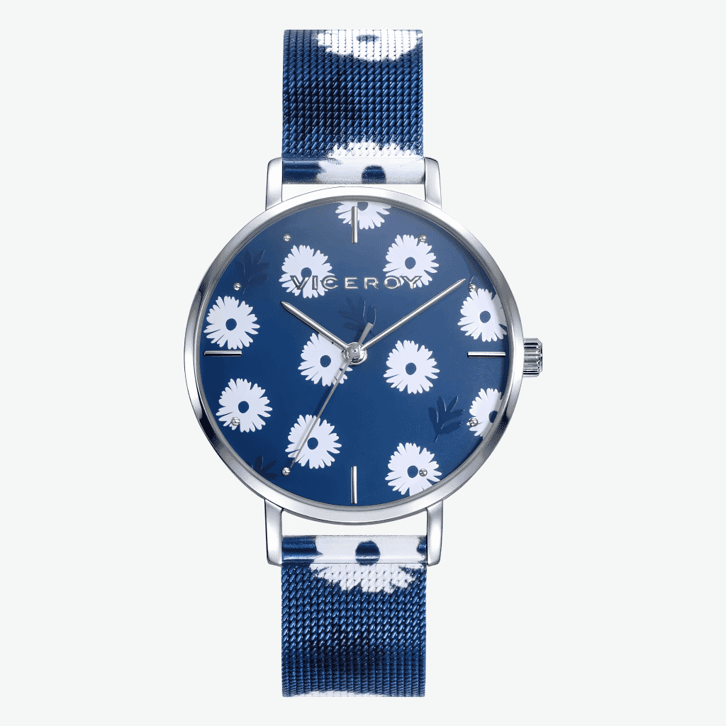 Reloj Viceroy Kiss, Tres Agujas, Brazalete Malla Acero Azul, Esfera Azul Flores 401140-37