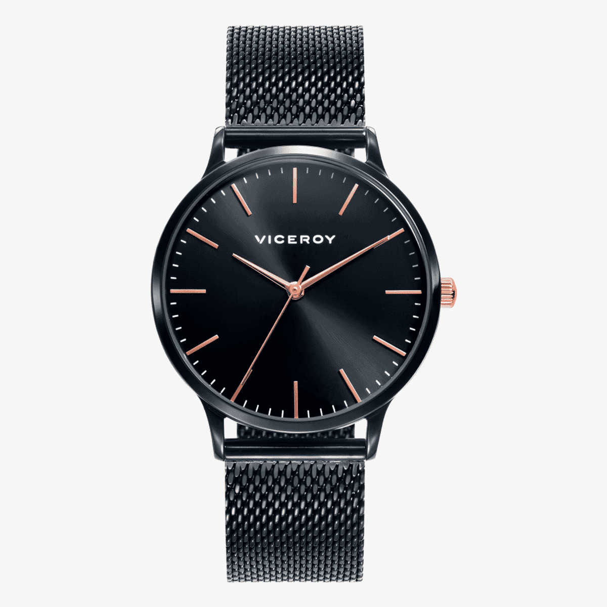 Reloj Viceroy Kiss con brazalete de malla de acero negro y esfera negra con detalles en oro rosa - 461096-57