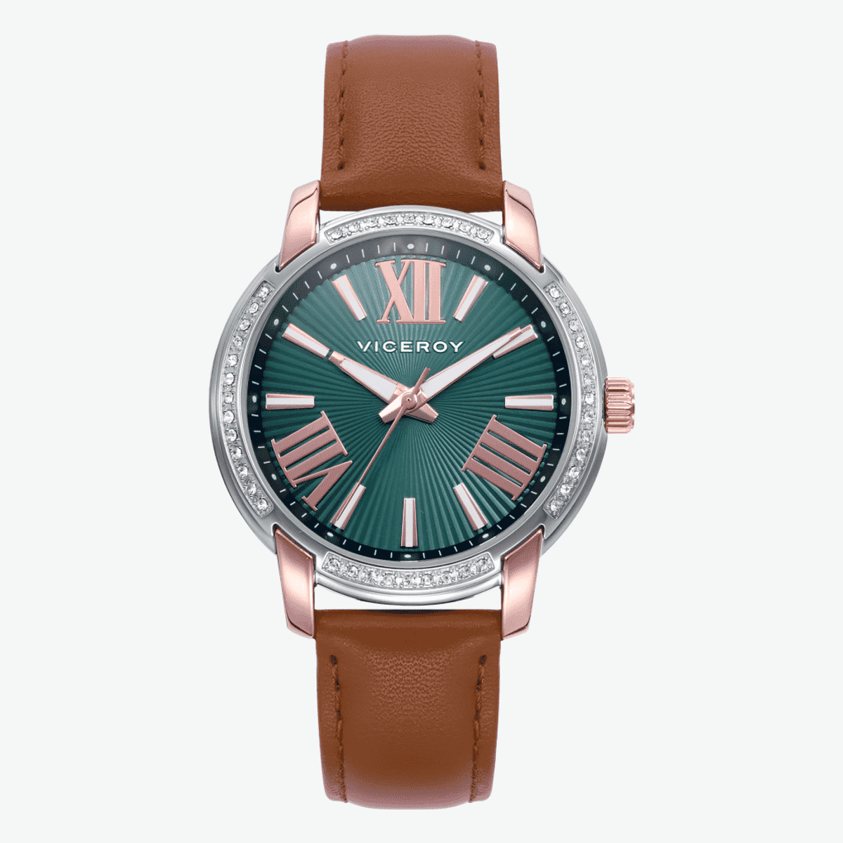 Reloj Viceroy Chic con brazalete de piel marrón, esfera verde y detalles en oro rosa - 401272-63
