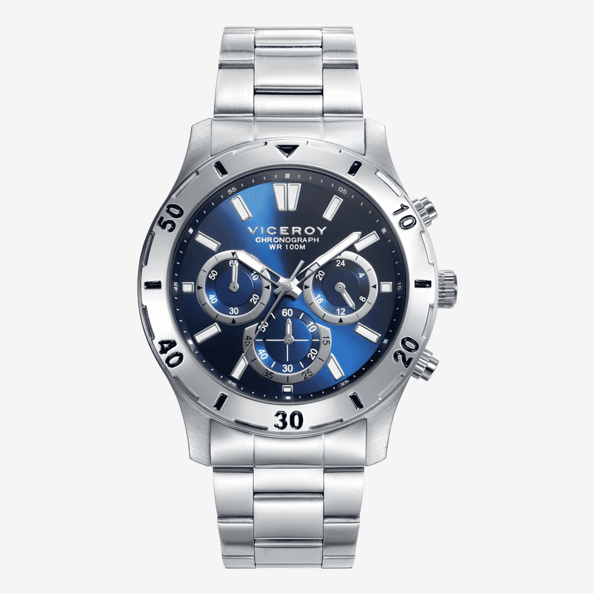 Reloj Viceroy Heat con cronógrafo, brazalete de acero plateado y esfera azul - 401135-37