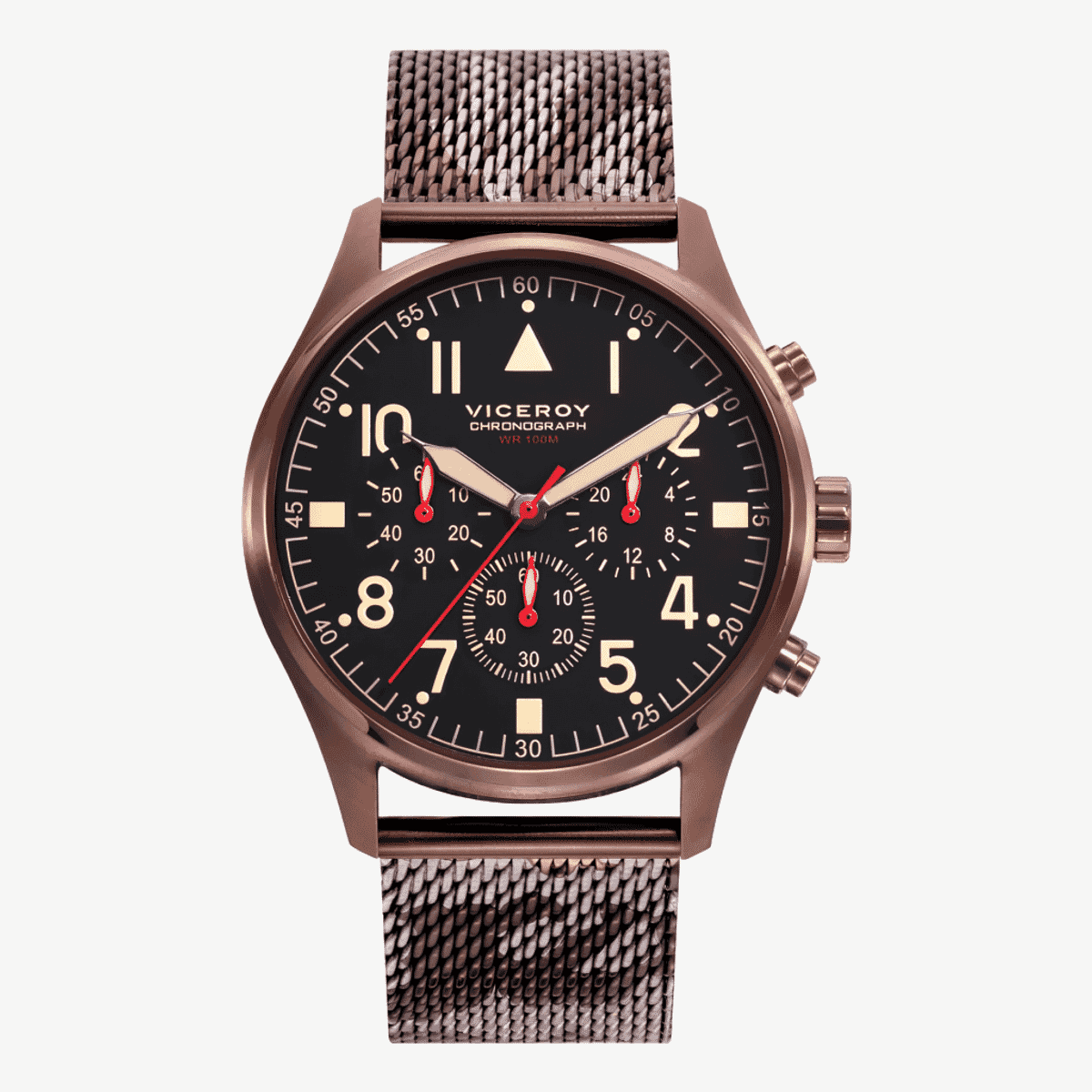 Reloj Viceroy Beat cronógrafo con caja marrón, brazalete de malla de acero marrón y esfera negra - 46805-54