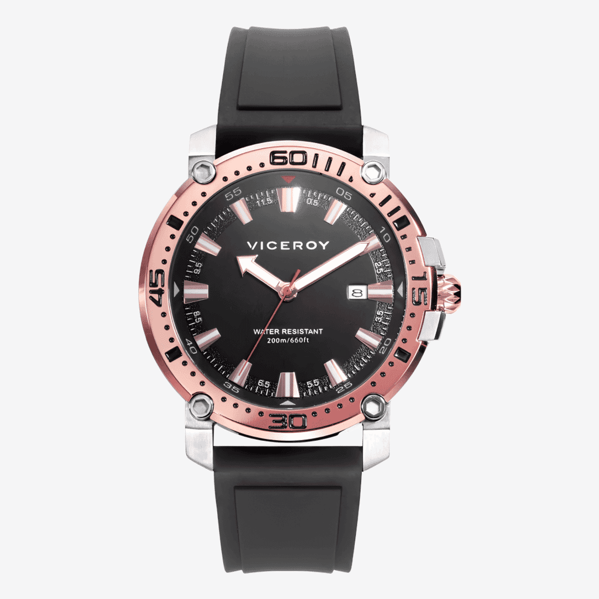 Reloj Viceroy Heat con esfera negra, bisel oro rosa y brazalete de caucho negro - 46825-47