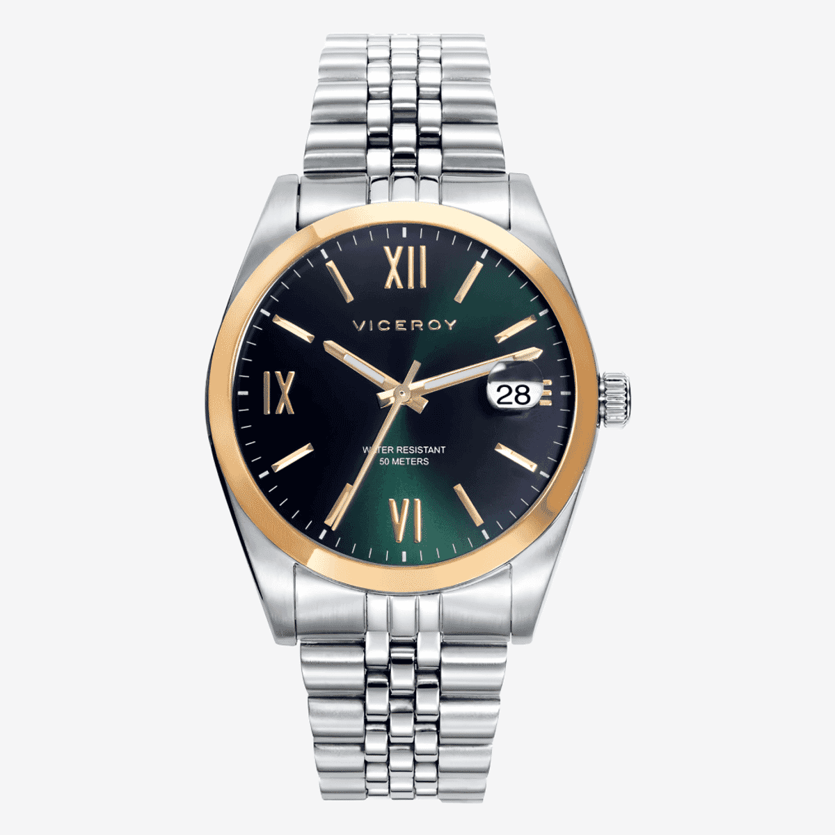 Reloj Viceroy Chic para hombre con brazalete de acero plateado, esfera verde y bisel dorado - 42425-63