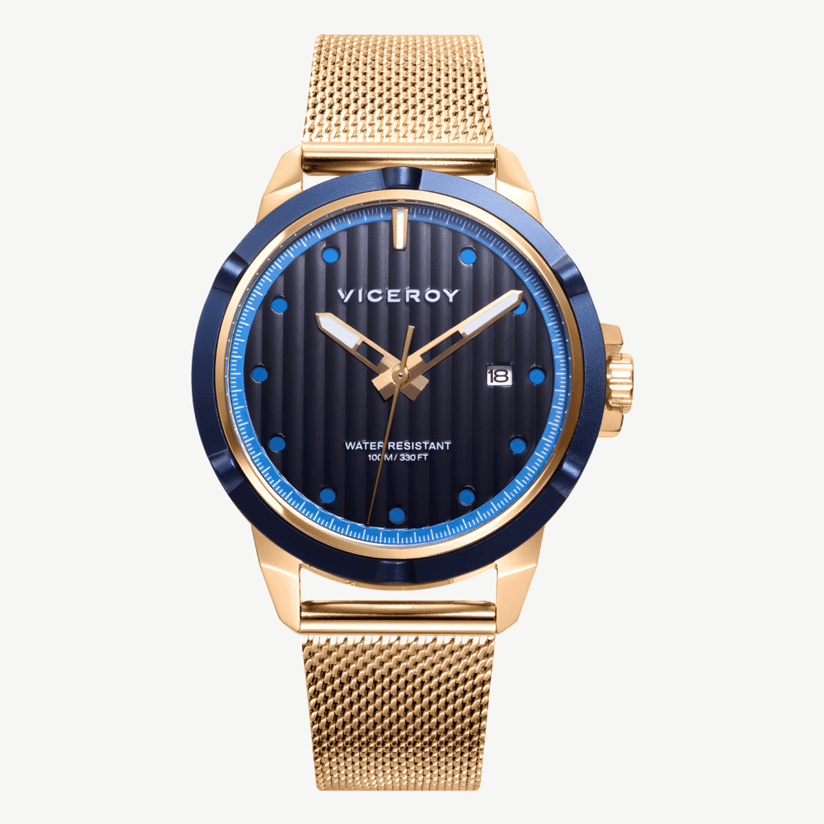 Reloj Viceroy Switch tres agujas con brazalete de malla dorada y esfera azul - 471306-57
