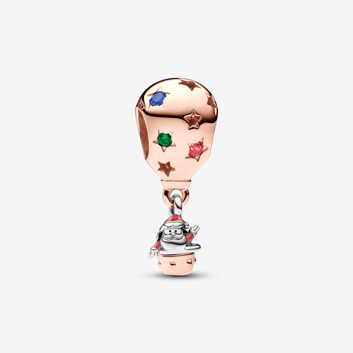 Charm colgante Pandora Santa Claus en globo aerostático en plata bañada en oro rosado con detalles esmaltados y cristales de colores - 782976C01
