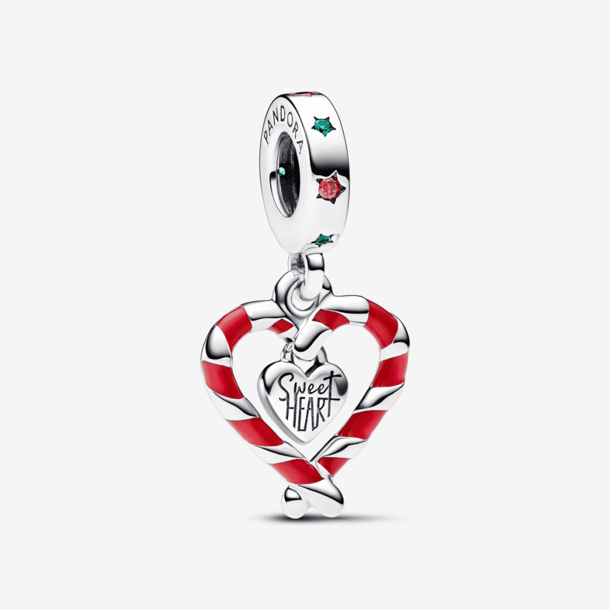 Charm colgante Pandora corazón bastón caramelo doble de Navidad en plata con esmalte rojo - 792822C01