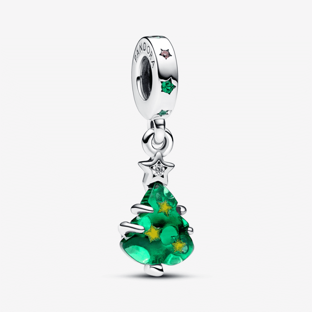 Charm colgante Pandora de plata en forma de árbol de Navidad verde con estrellas y adornos - 792983C01