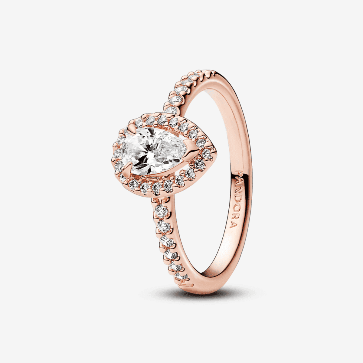 Anillo Pandora Halo Brillante Corte Pera en plata chapada en oro rosa con cristal central en forma de pera - 182835C01