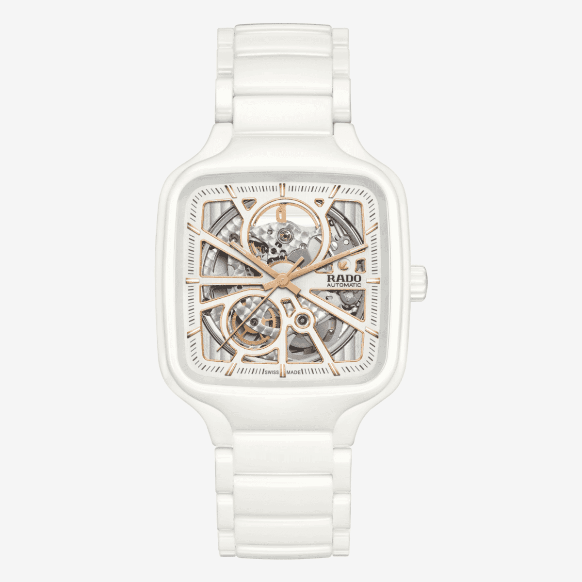 Reloj Rado True Square Automático Open Heart con caja y brazalete de cerámica blanca, esfera esqueletizada - R27073012