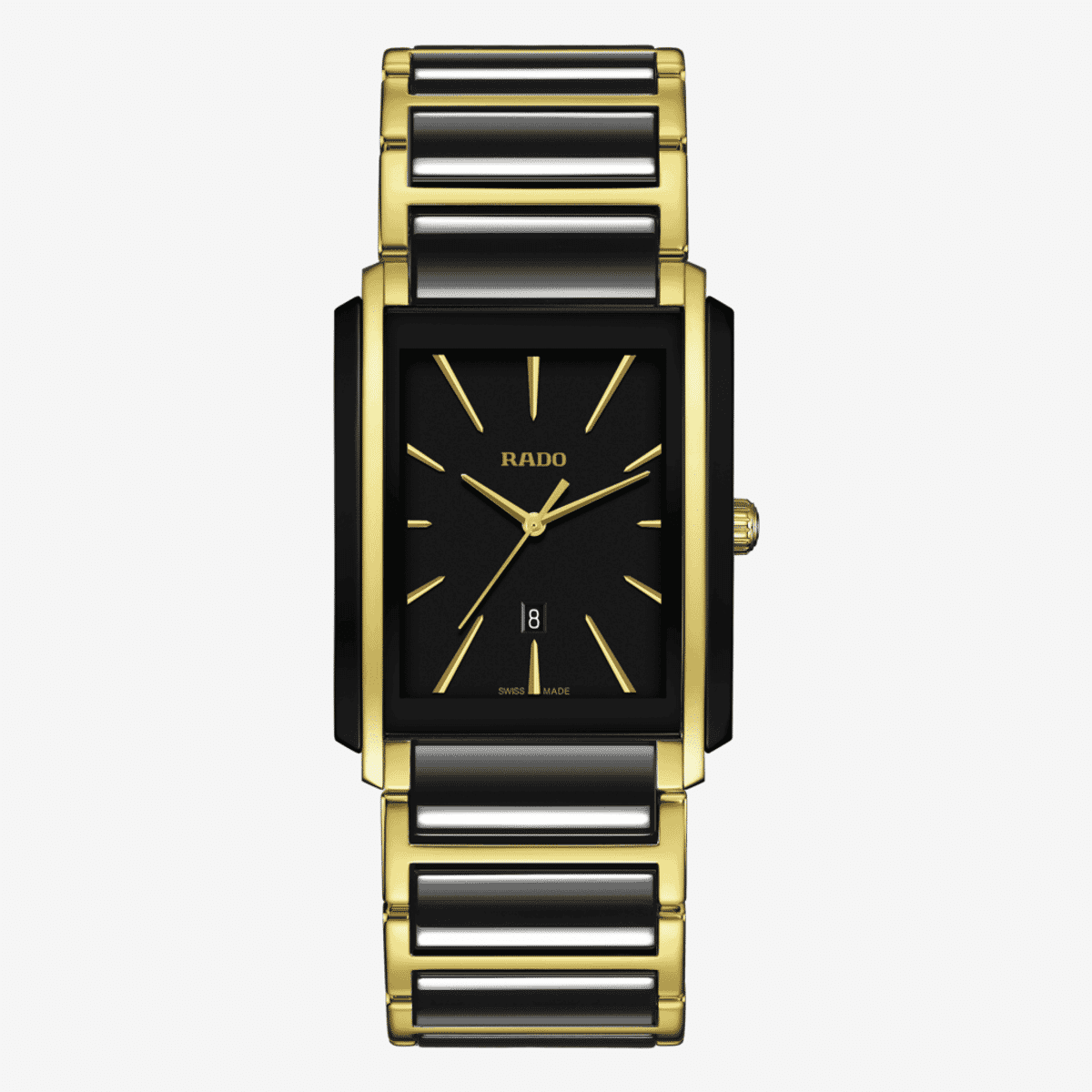 Reloj Rado Integral con caja rectangular, esfera negra y brazalete bicolor en negro y dorado - R20204162