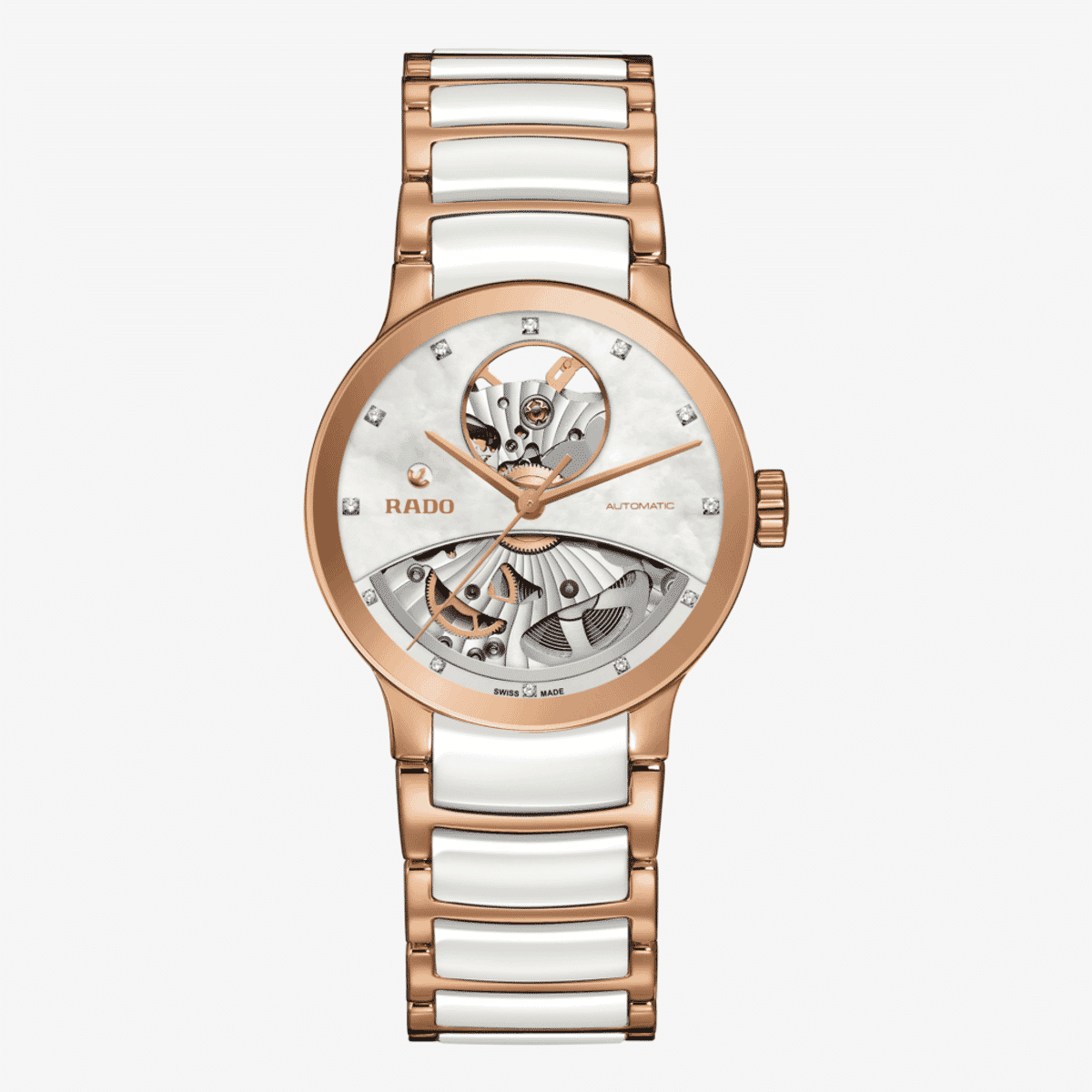 Reloj Rado Centrix Automático Diamonds Open Heart con caja oro rosa y brazalete bicolor blanco/oro rosa - R30248902