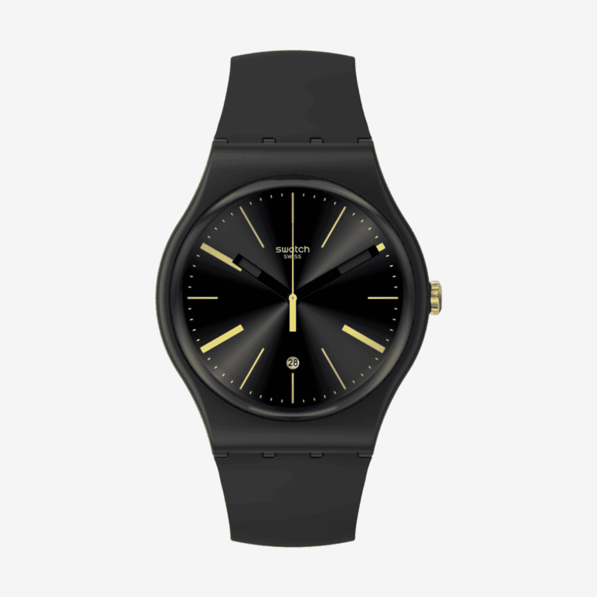 Reloj Swatch A Dash of Yellow con caja y correa negras, esfera negra y detalles dorados - SO29B403