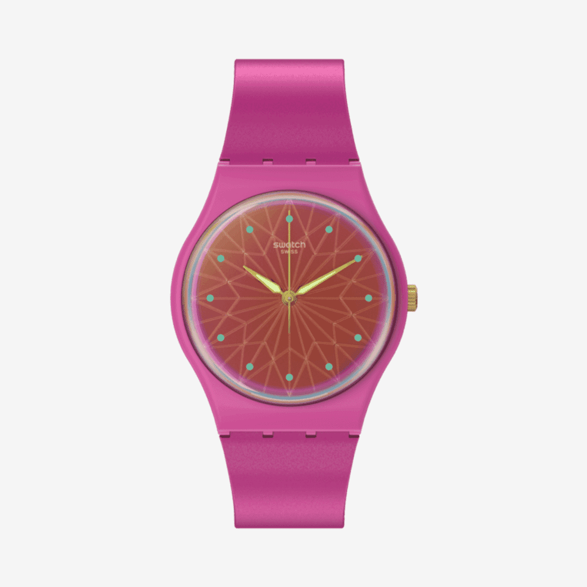 Reloj Swatch Fantastic Fuchsia con caja y correa fucsia, esfera con patrón geométrico coral - SO28P110