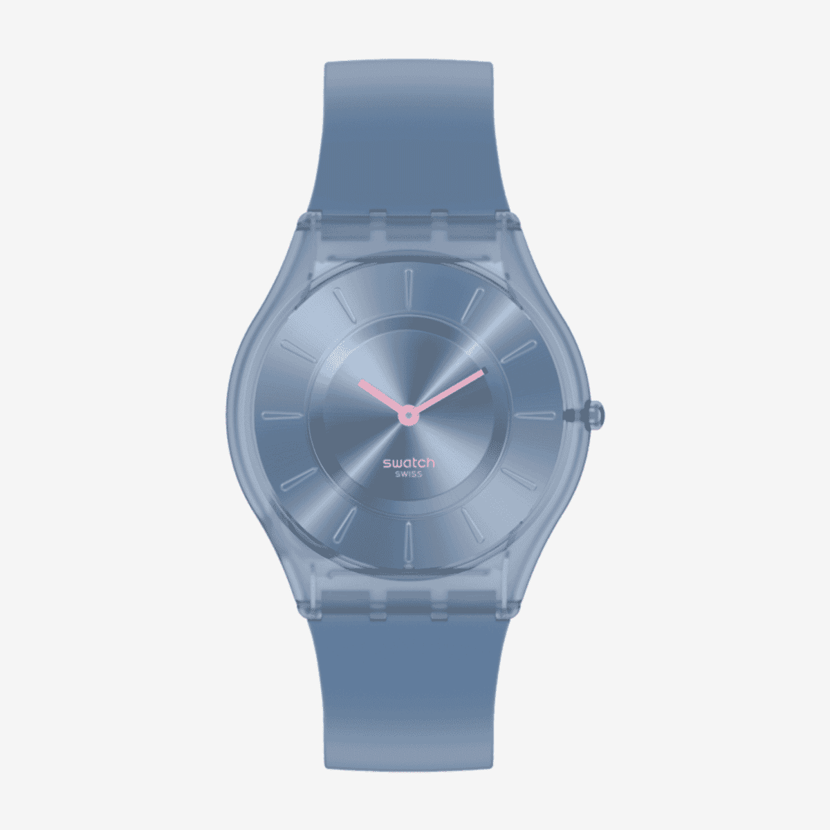 Reloj Swatch Denim Blue con caja transparente, esfera azul metálica y correa azul denim - SS08N100-S14
