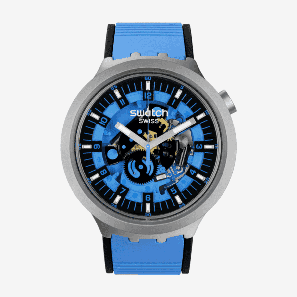 Reloj Swatch Azure Blue Daze con caja plateada, esfera esqueleto azul y negra, correa bicolor - SB07S106