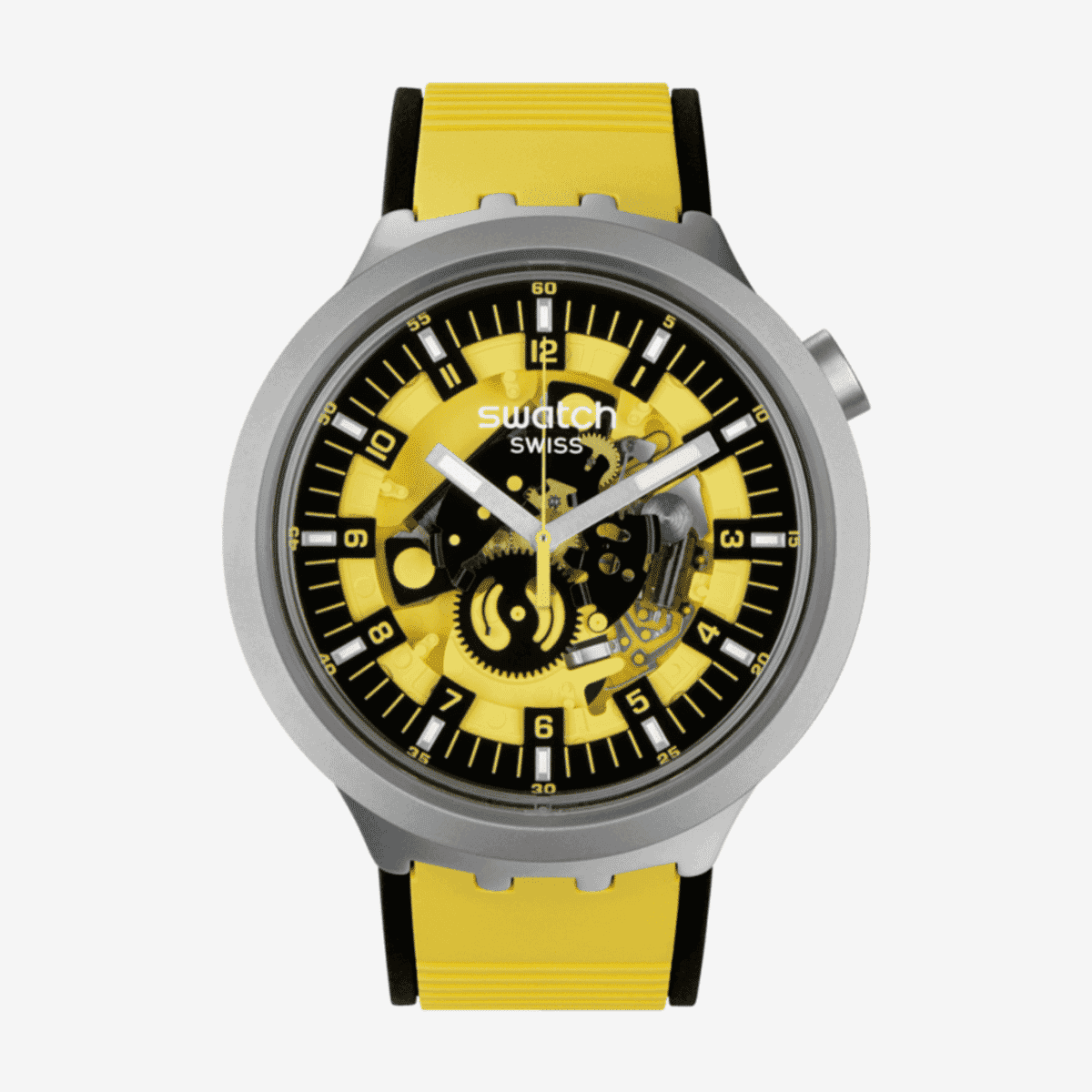 Reloj Swatch Bolden Yellow con caja plateada, esfera esqueleto amarilla y negra, correa bicolor - SB07S109