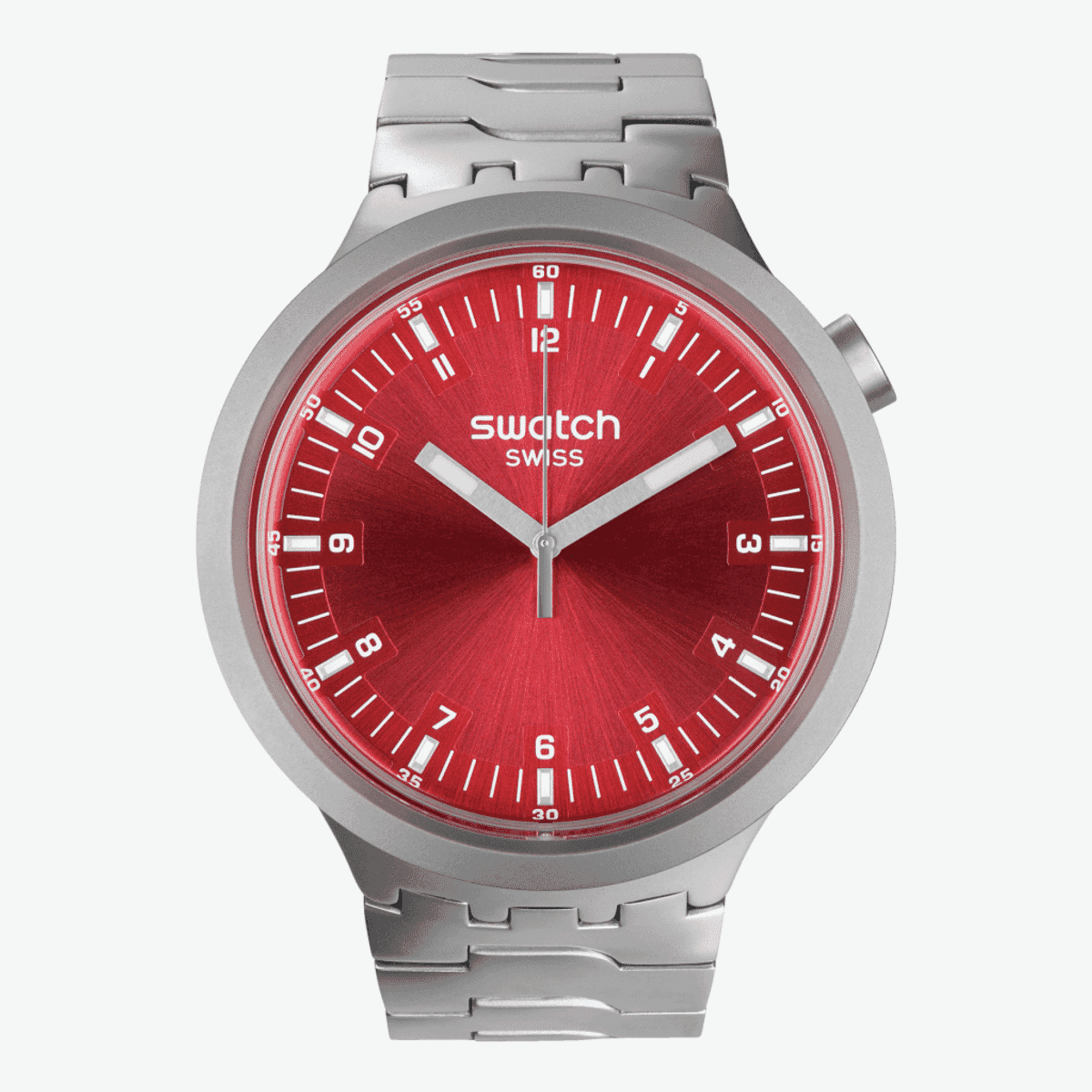 Reloj Swatch Scarlet Shimmer con caja plateada, esfera roja y brazalete metálico plateado - SB07S104G
