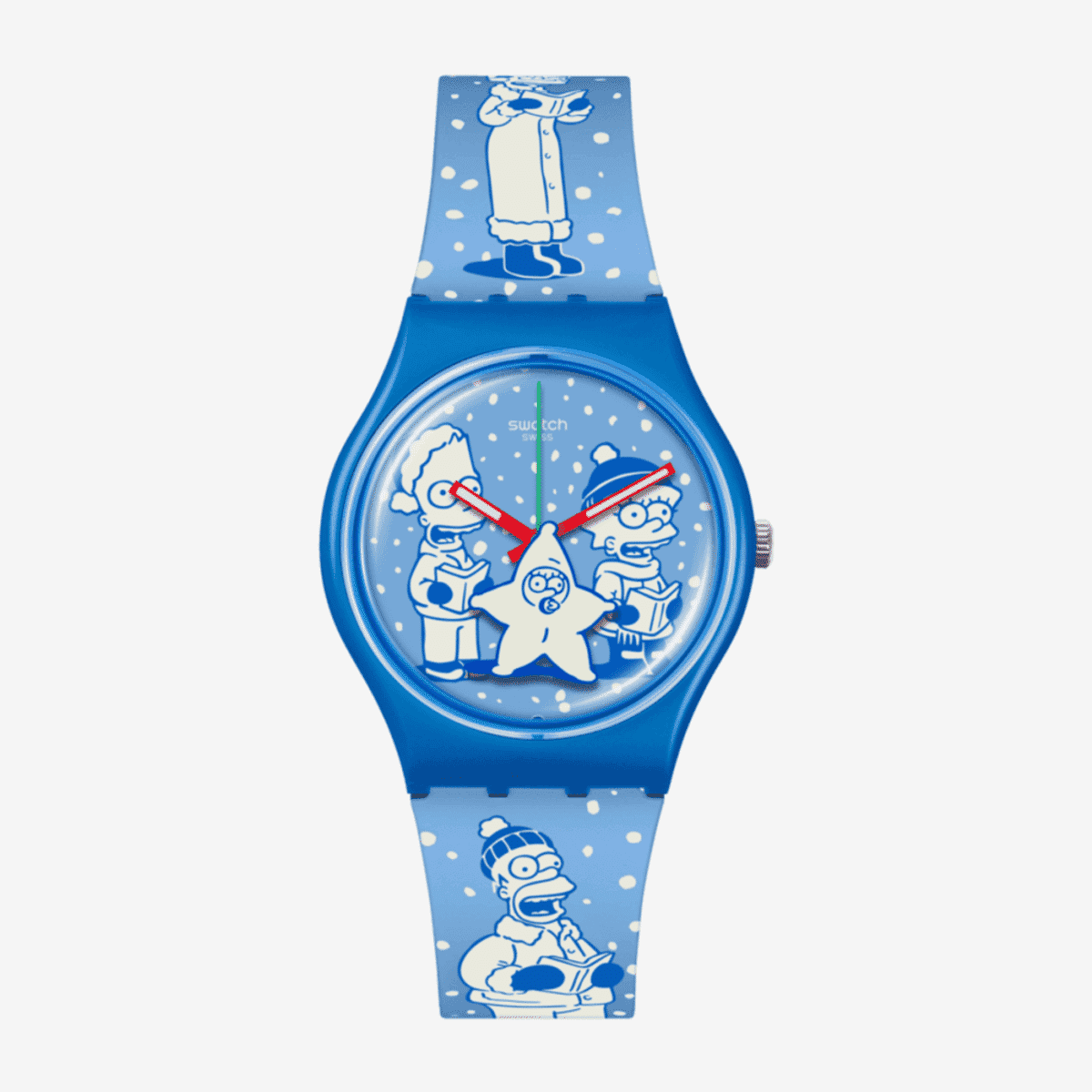 Vista frontal del Reloj Swatch Tidings of Joy con diseño navideño en azul - SO28Z126