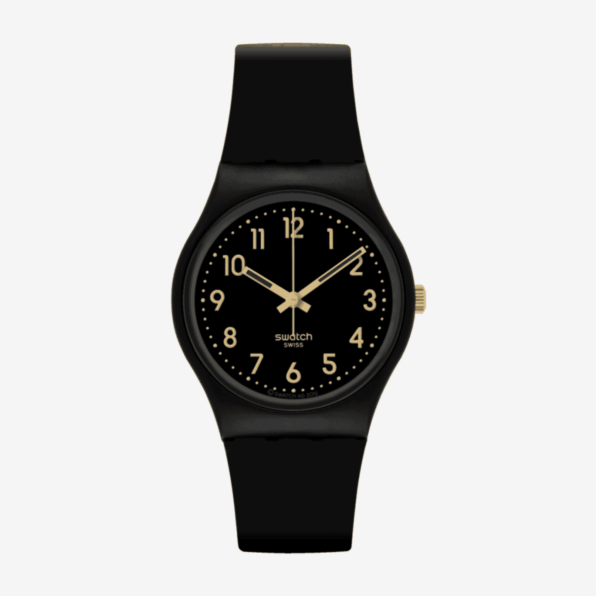 Vista frontal del Reloj Swatch Golden Tac con esfera negra y números dorados - SO28B113