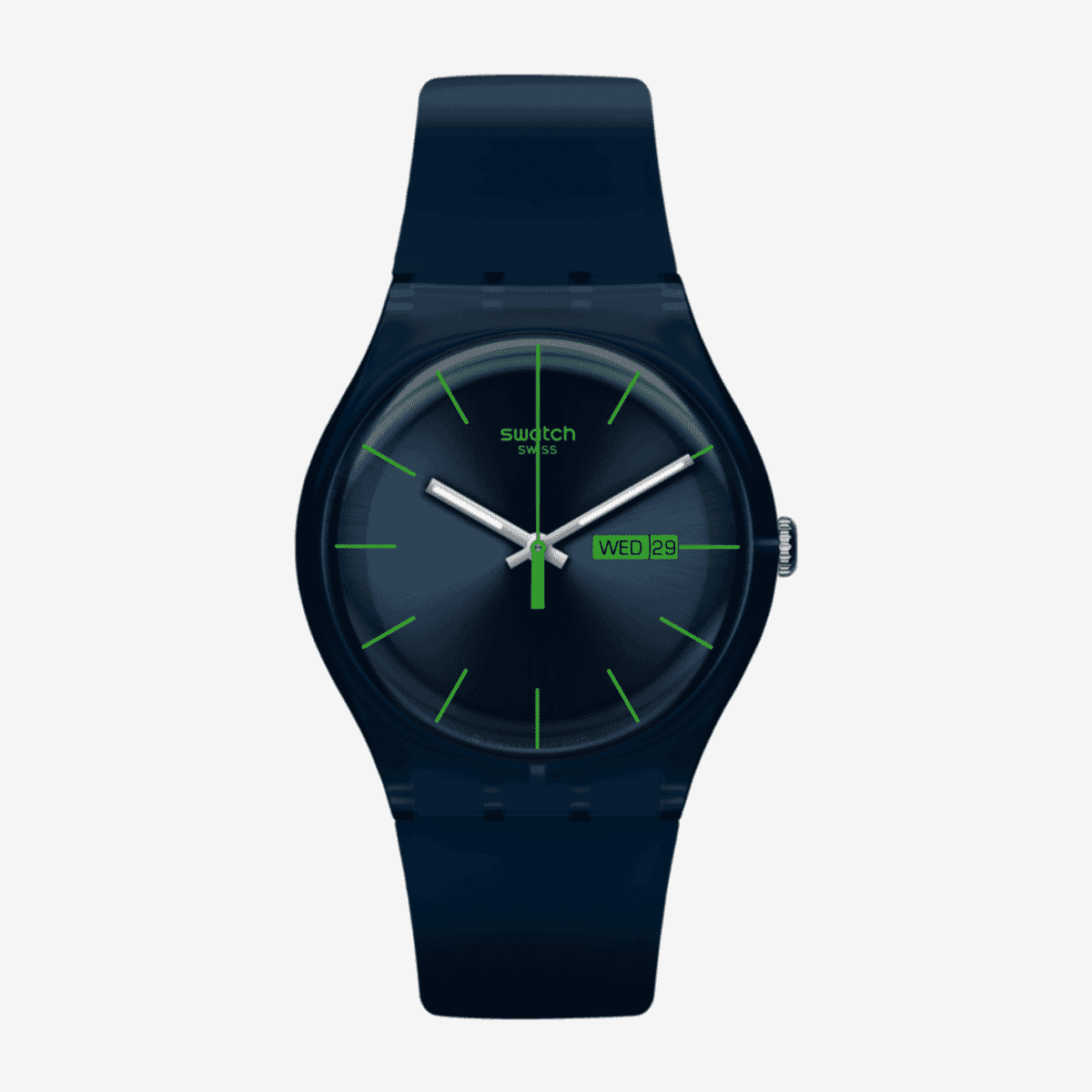 Vista frontal del Reloj Swatch Blue Rebel con detalles verdes - SO29N704