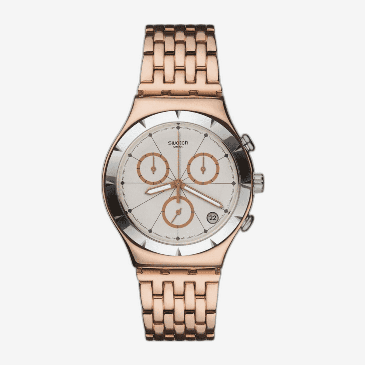 Reloj Swatch Pushback con caja y brazalete en oro rosa, esfera plateada con subdiales cronógrafos - YCG408G
