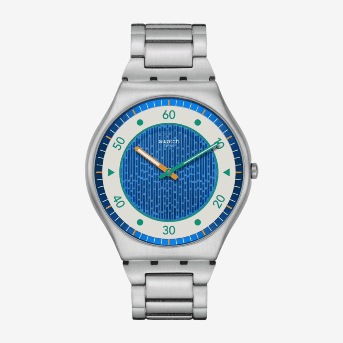 Reloj Swatch Splash Dance con caja plateada, esfera azul y brazalete metálico plateado - SS07S143G