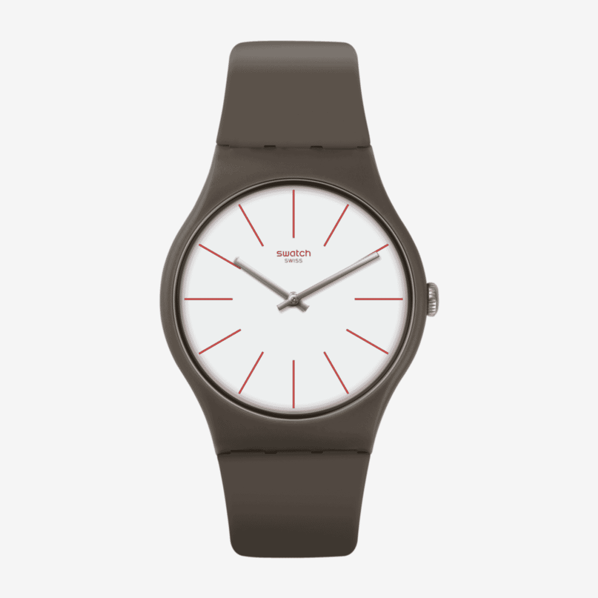Reloj Swatch Greensounds con caja marrón, esfera blanca con índices rojos y correa marrón - SUOC107