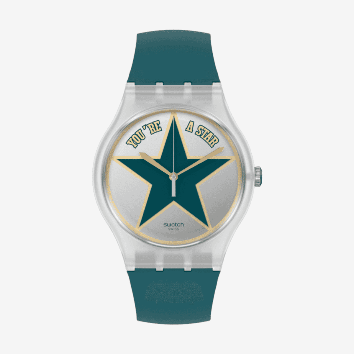 Reloj Swatch Star Dad con caja transparente, estrella verde en esfera plateada y correa verde - SO29Z119