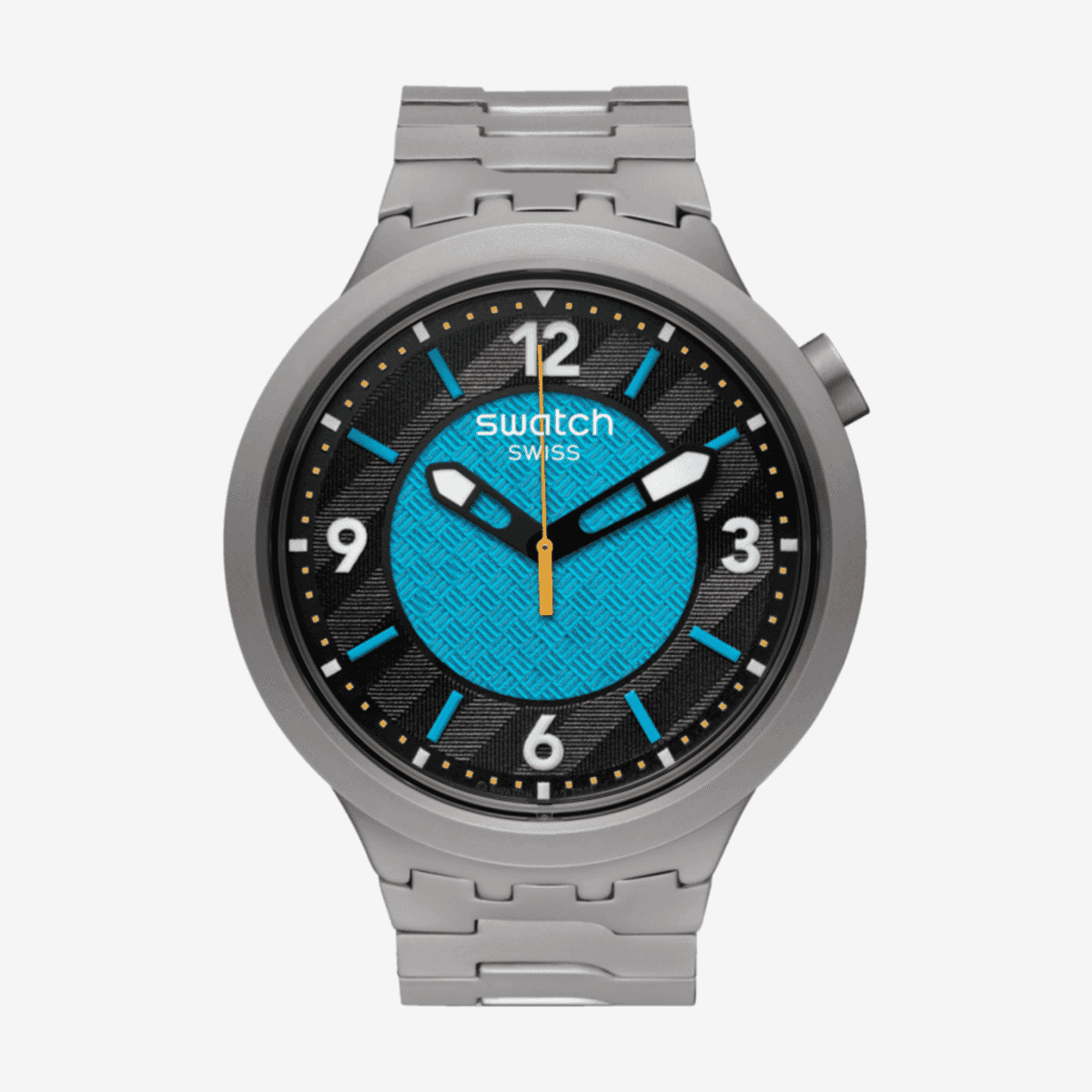 Reloj Swatch Frostbloom con caja plateada, esfera negra con centro turquesa y brazalete metálico - SB07S116G