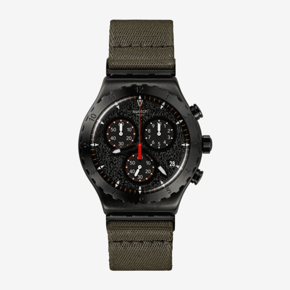 Reloj Swatch By the Bonfire con caja negra, cronógrafo y correa textil verde militar - YVB416