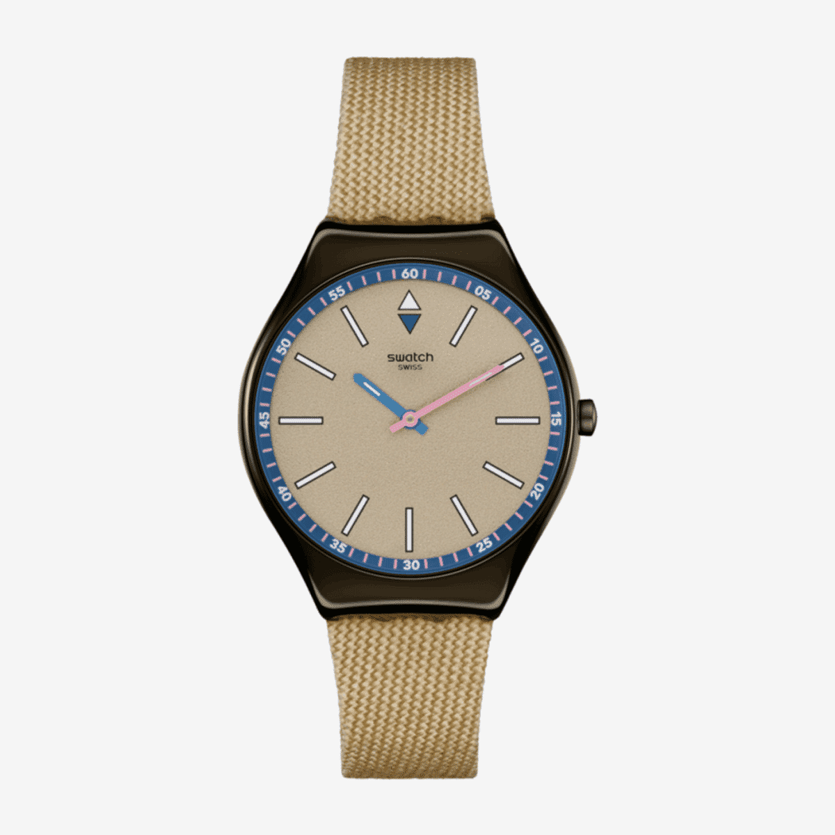 Reloj Swatch Sunbaked Sandstone con caja negra, esfera beige y correa textil beige - SYXM100
