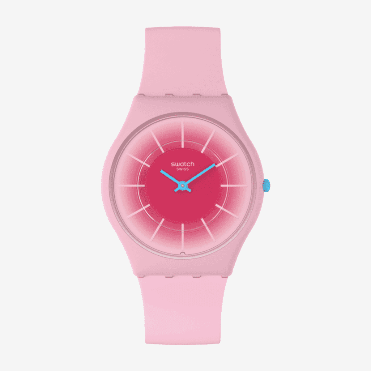 Vista frontal del Reloj Swatch Radiantly Pink con caja y correa en rosa, esfera degradada en rosa y manecillas azules - SS08P110