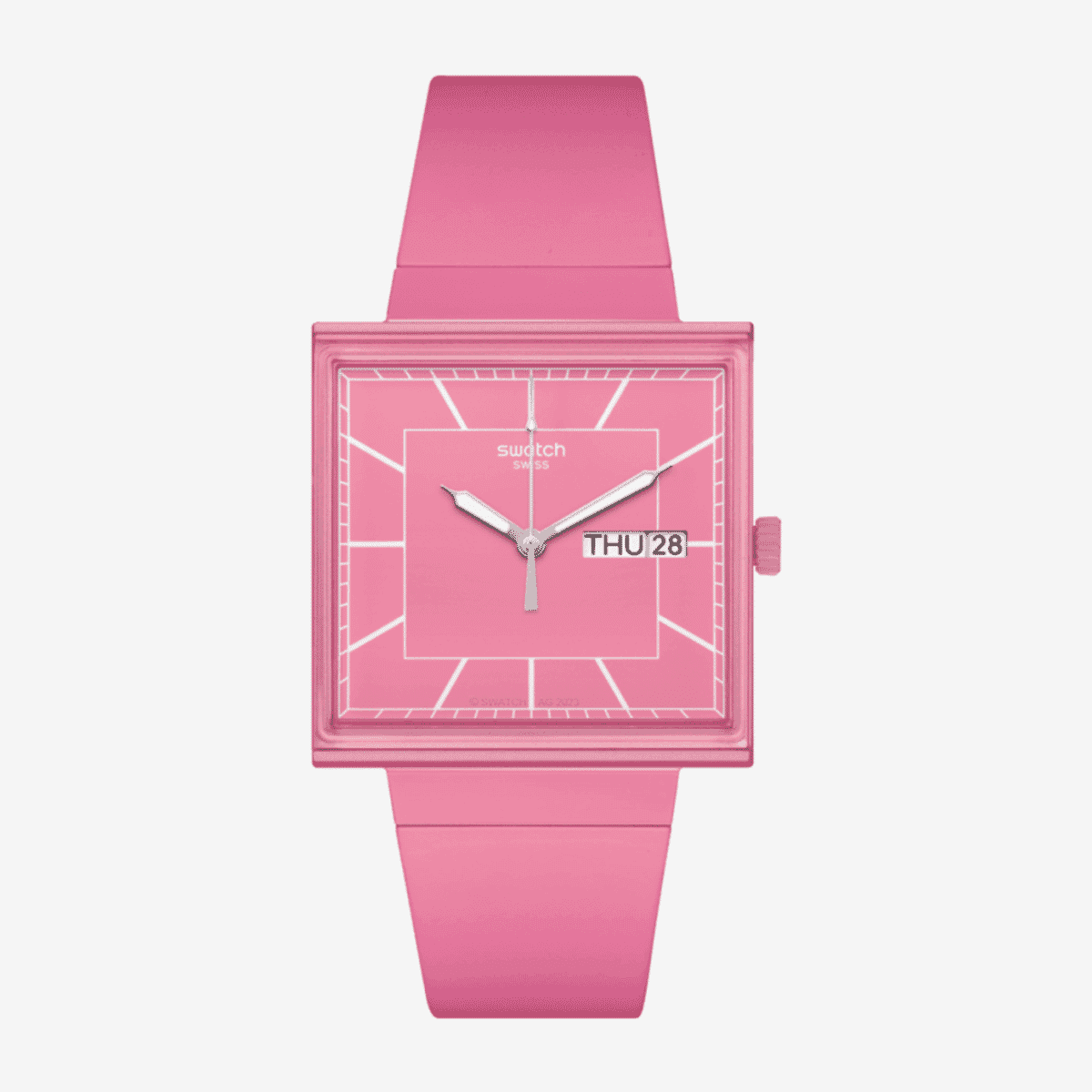 Vista frontal del Reloj Swatch What If...rose? con caja cuadrada y correa en rosa - SO34P700
