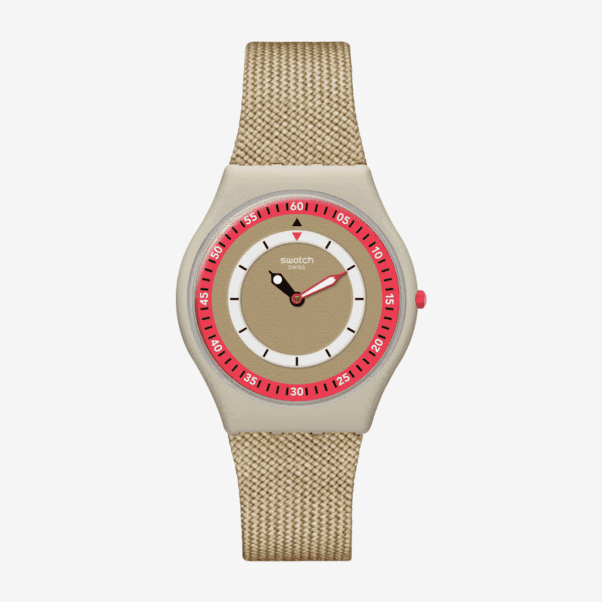 Vista frontal del Reloj Swatch Coral Dunes con correa tejida beige y detalles en coral - SS09T102 Vista frontal del Reloj Swatch Coral Dunes con correa tejida beige y detalles en coral - SS09T102