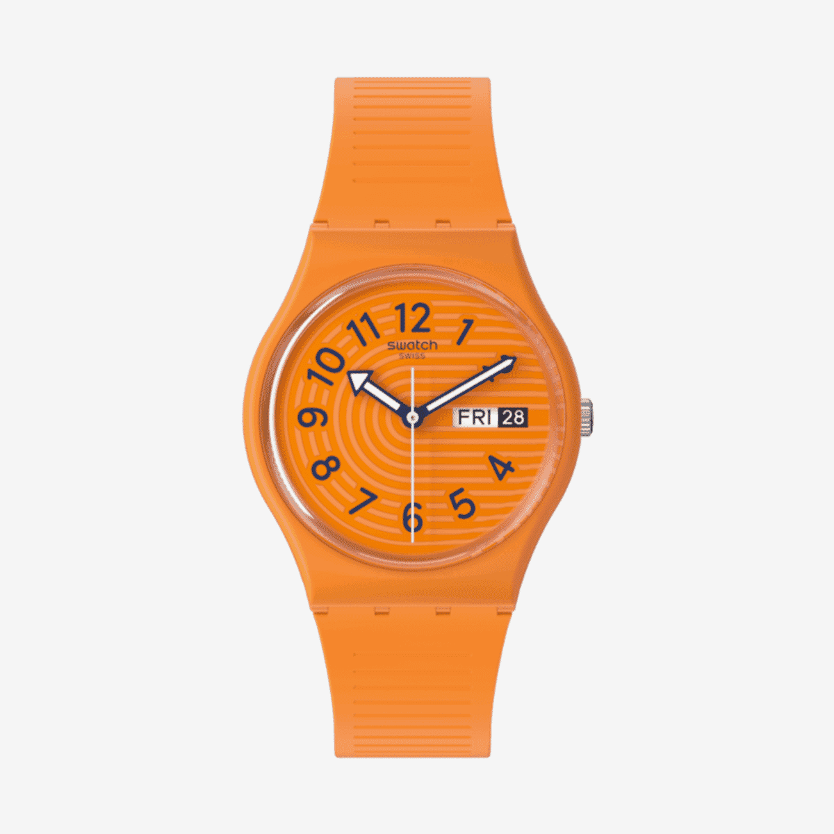 Vista frontal del Reloj Swatch Trendy Lines in Sienna con caja y correa naranja - SO28O703