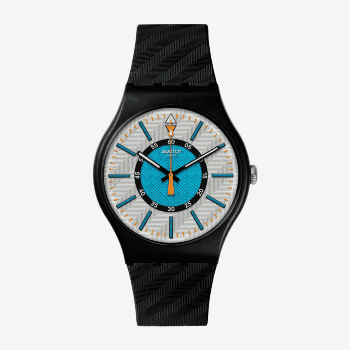 Vista frontal del Reloj Swatch Good to Gorp con caja negra y esfera turquesa - SO32B119
