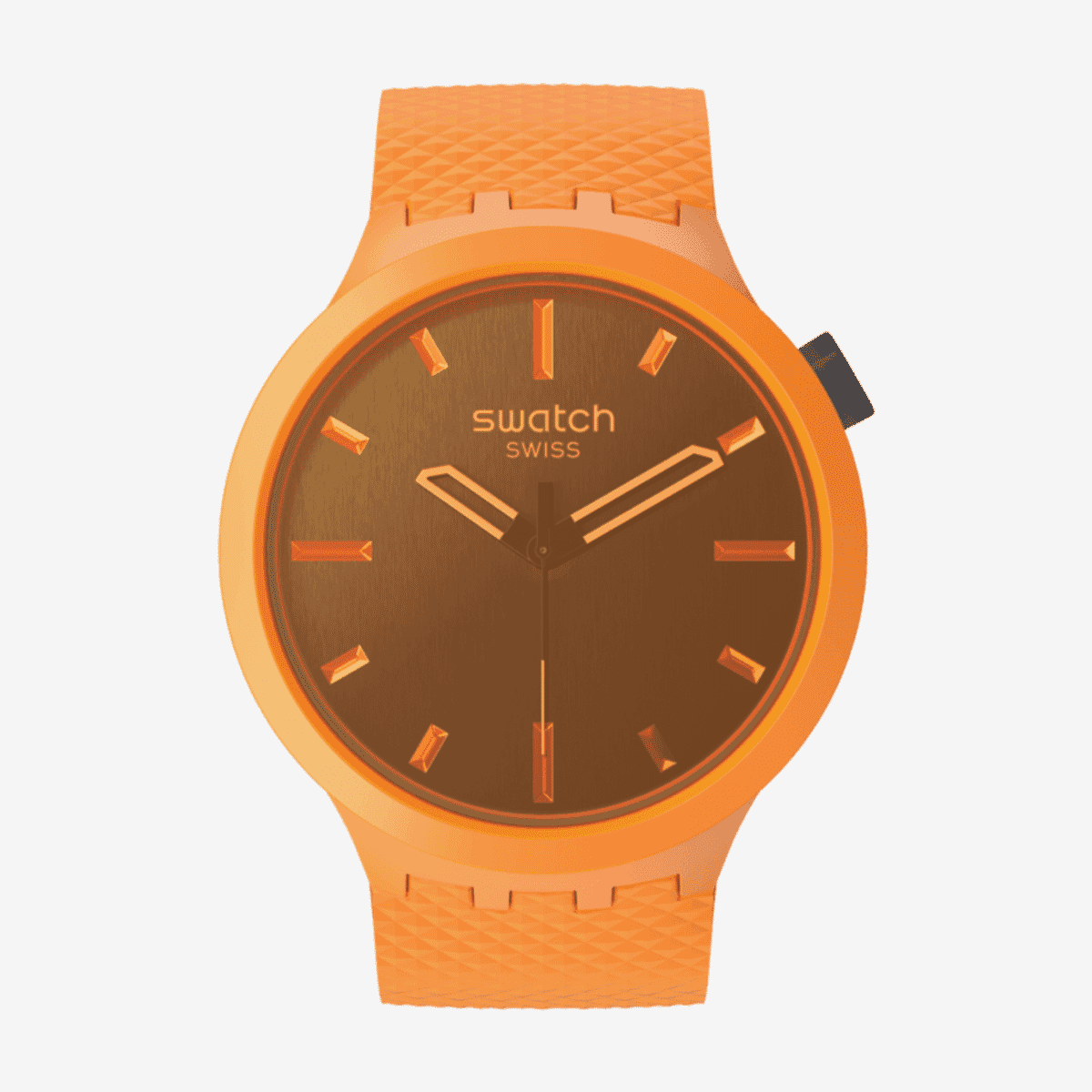 Vista frontal del Reloj Swatch Crushing Orange con caja naranja y esfera marrón - SB05O102