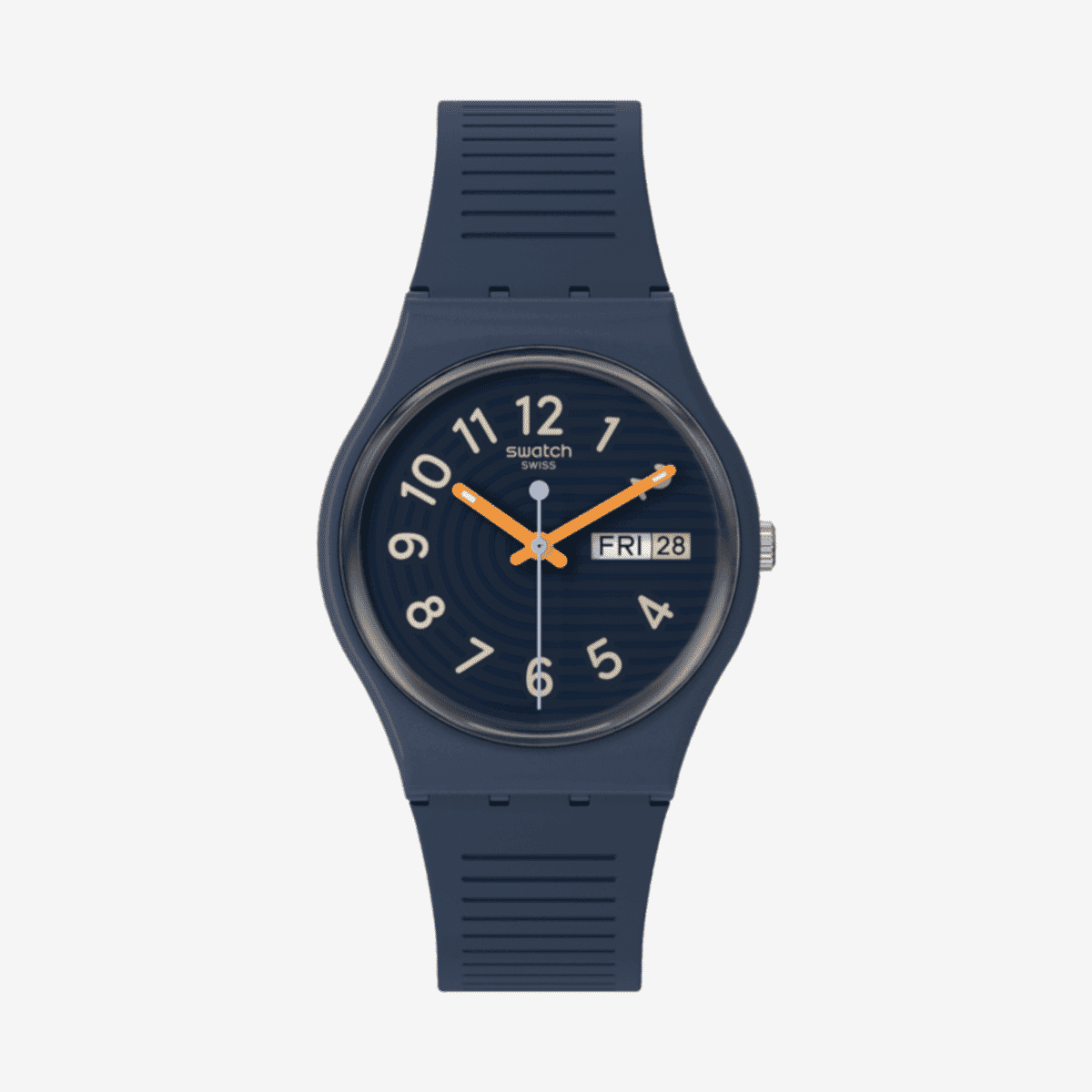 Vista frontal del Reloj Swatch Trendy Lines at Night con caja y correa azul marino - SO28I700