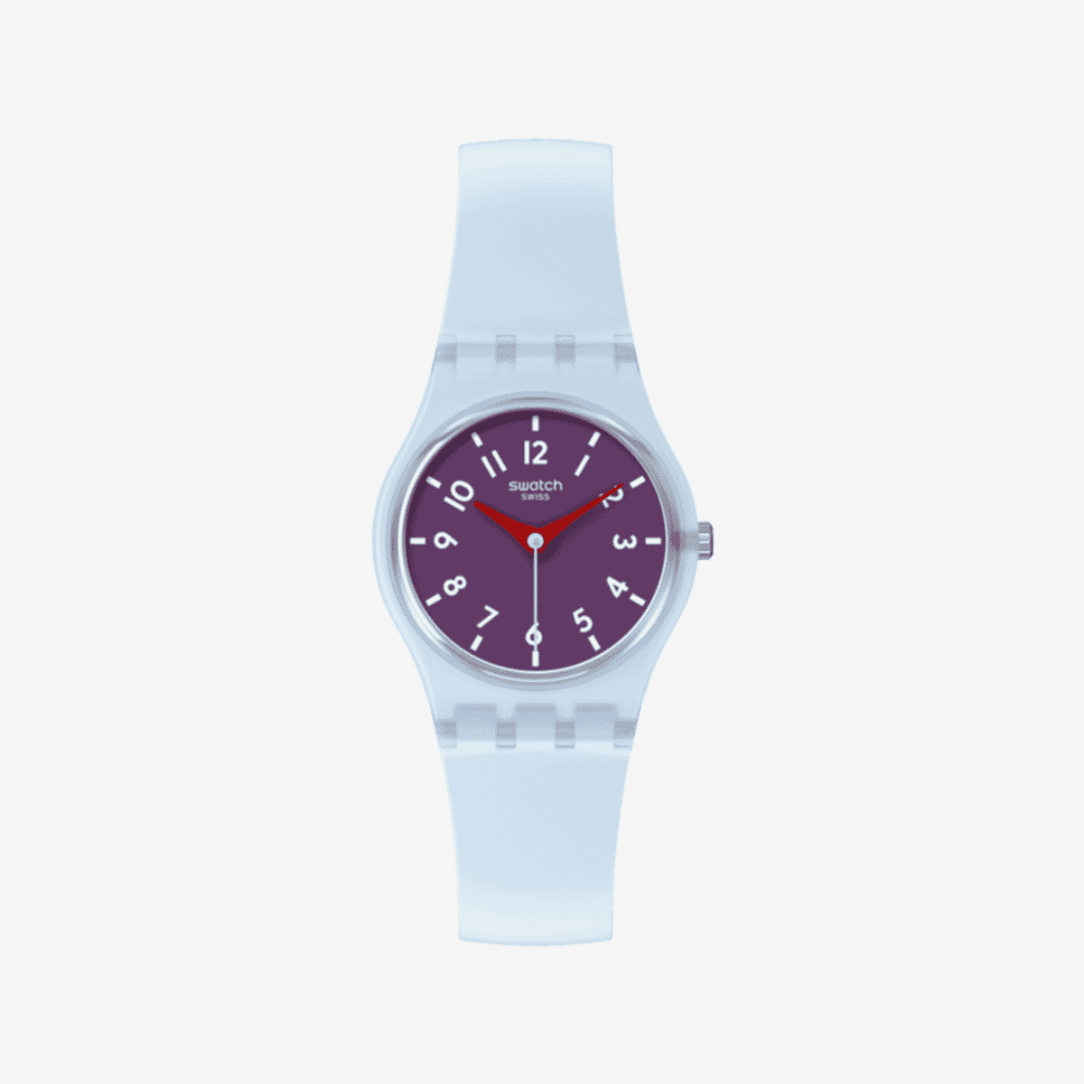 Vista frontal del Reloj Swatch Powder Plum con caja transparente y esfera púrpura - LL126