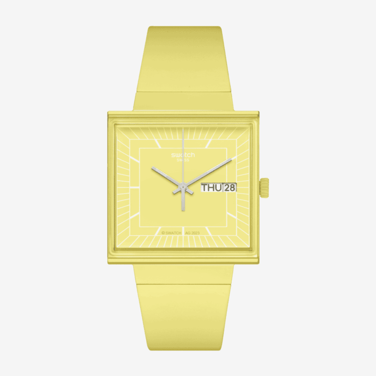 Vista frontal del Reloj Swatch What If...lemon? con caja cuadrada y correa amarilla - SO34J700