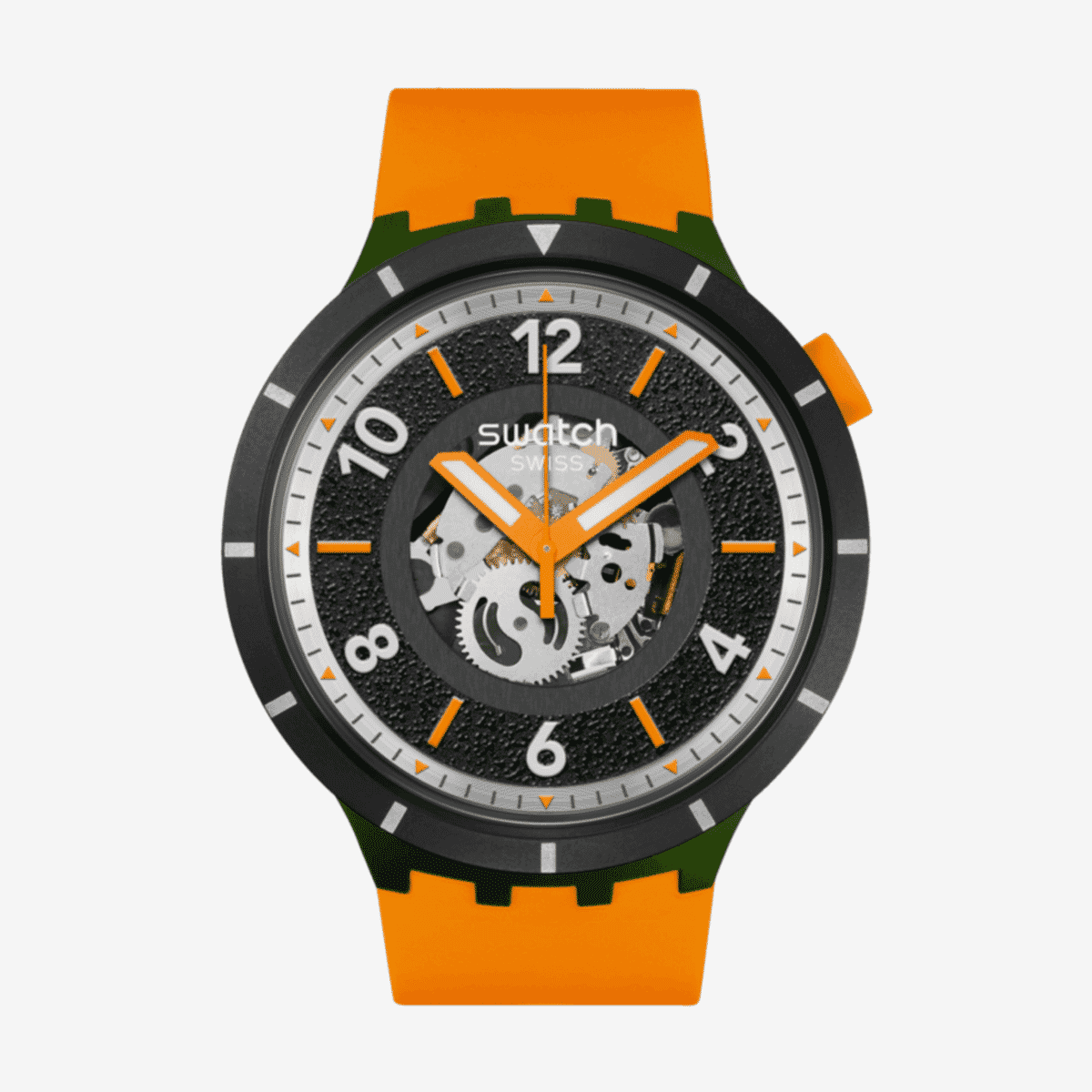 Reloj Swatch Fall-Iage con esfera esqueleto negra y manecillas naranjas - SB03G107