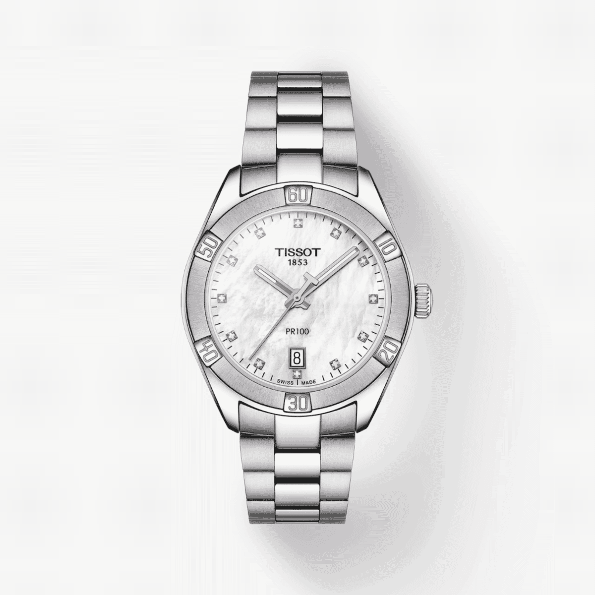 Reloj Tissot PR 100 Sport Chic con esfera blanca nacarada y brazalete plateado - T1019101111600