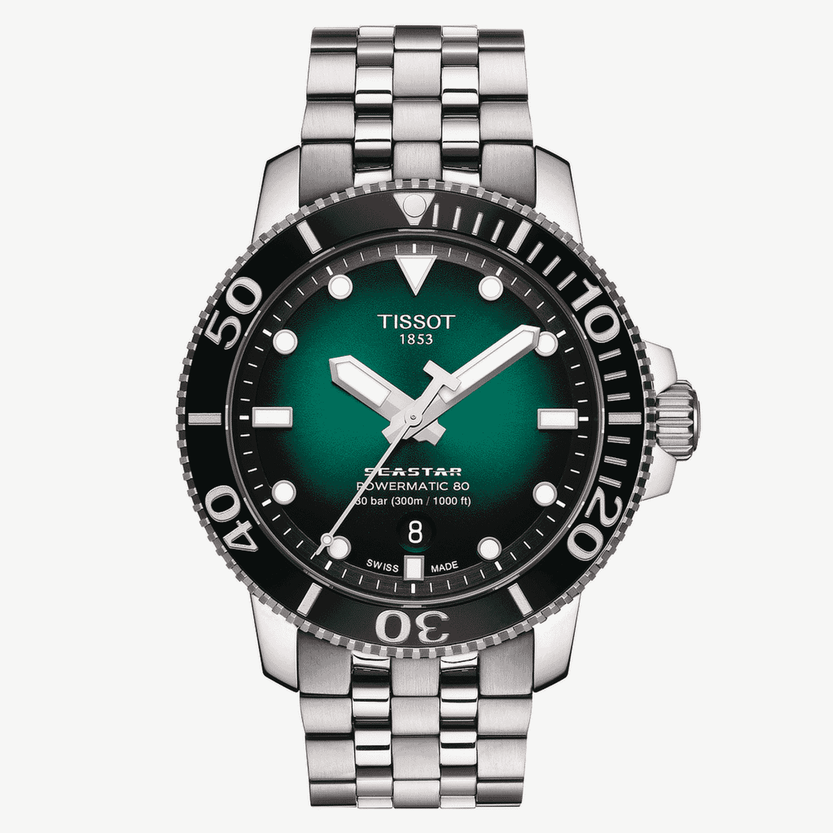 Reloj Tissot Seastar 1000 Powermatic 80 con esfera verde degradada, bisel negro y brazalete de acero - T1204071109101