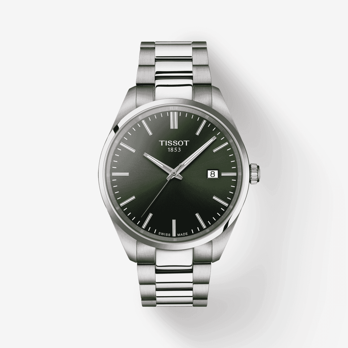 Reloj Tissot PR 100 con esfera verde oscura y brazalete de acero plateado, vista frontal - T1504101109100